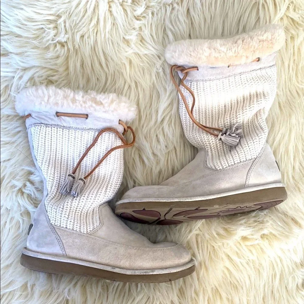 UGG Cozy Winter Tassel White & Light Gray multi materials Slouchy Tall Boots